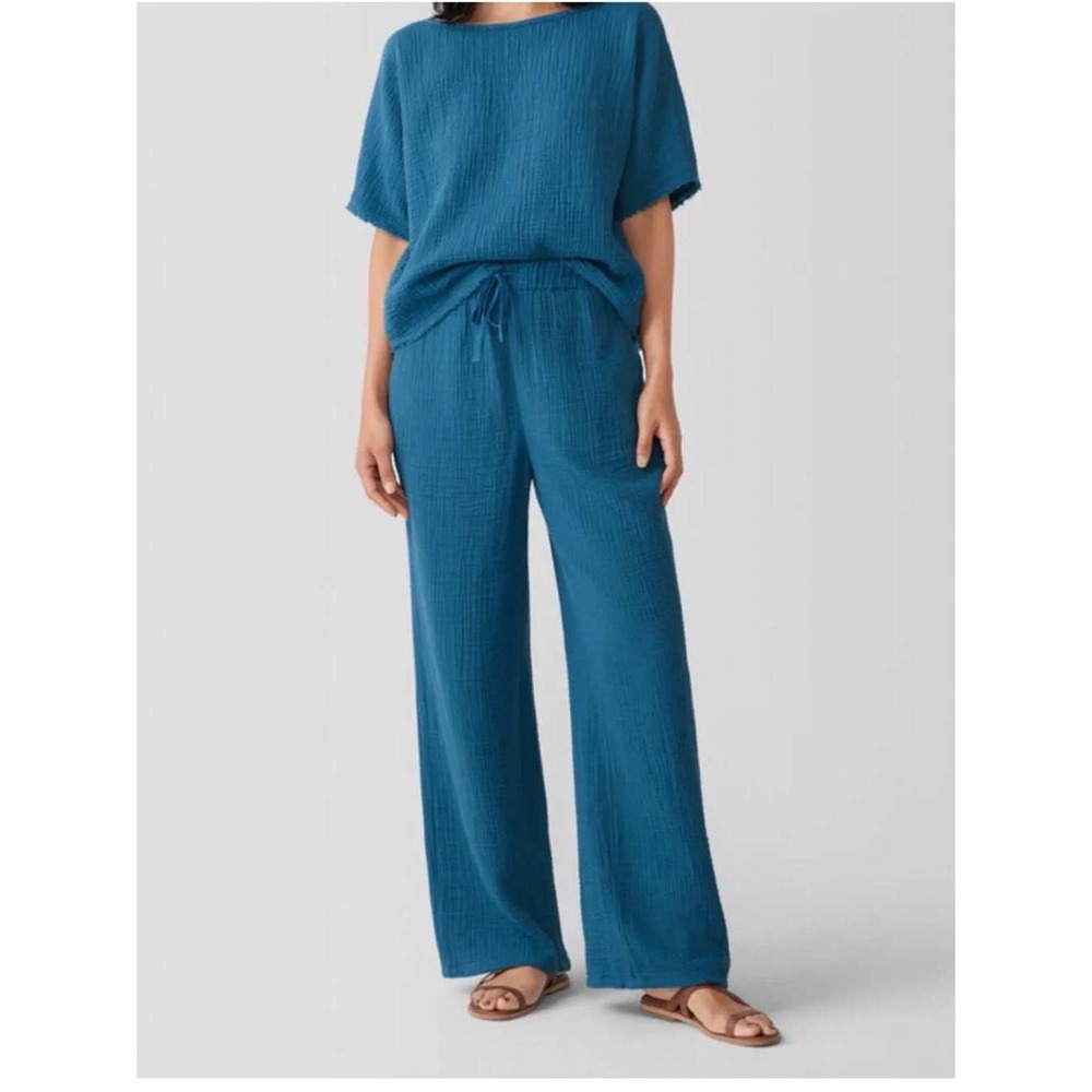Eileen Fisher Petite Organic Cotton Gauze Wide Leg Pants PL Teal Coastal Boho